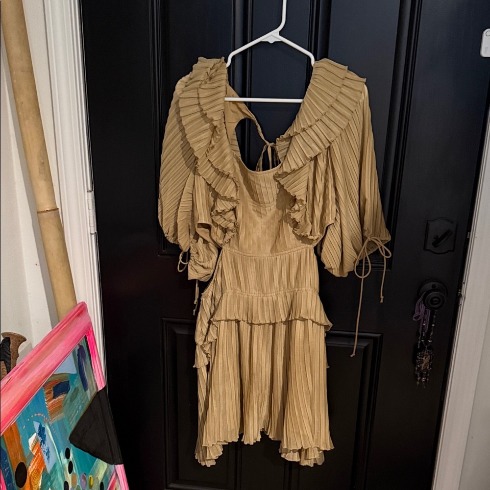 ASOS Camel-Tone Pleated Ruffle Midi Dress